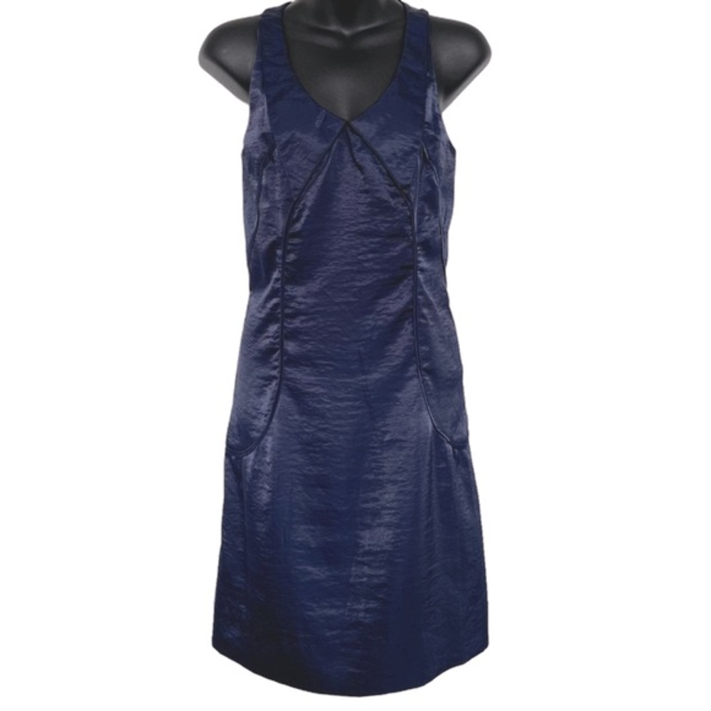 Richard Chai Navy Blue Satin Halter Scoop Neck Ruched Mini Dress